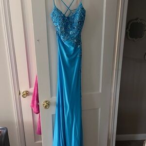 Faviana Blue Embellished Prom Dress